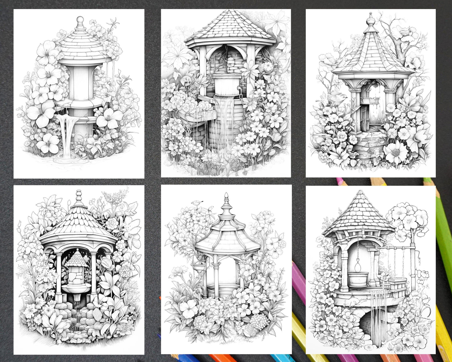 40 Whimsical Wishing Wells Grayscale Coloring Pages Printable for Adults, PDF File Instant Download