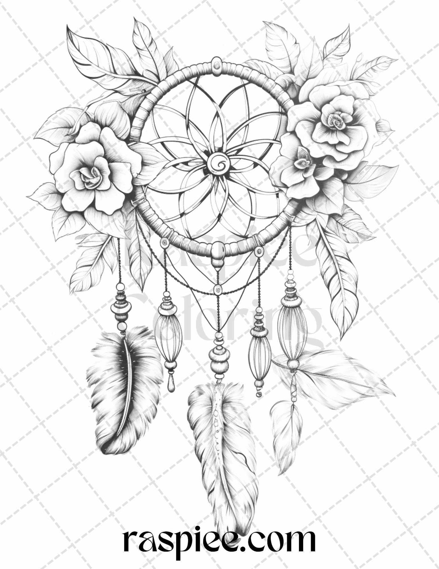 30 Flower Dreamcatcher Grayscale Coloring Pages Printable for Adults, PDF File Instant Download