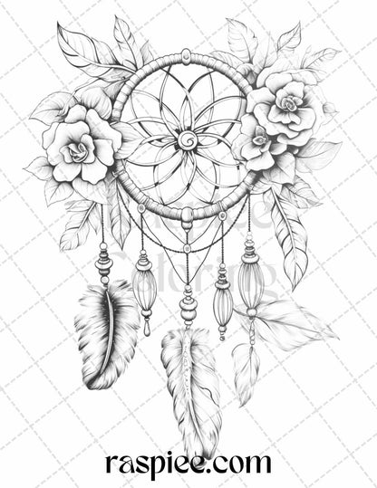 30 Flower Dreamcatcher Grayscale Coloring Pages Printable for Adults, PDF File Instant Download