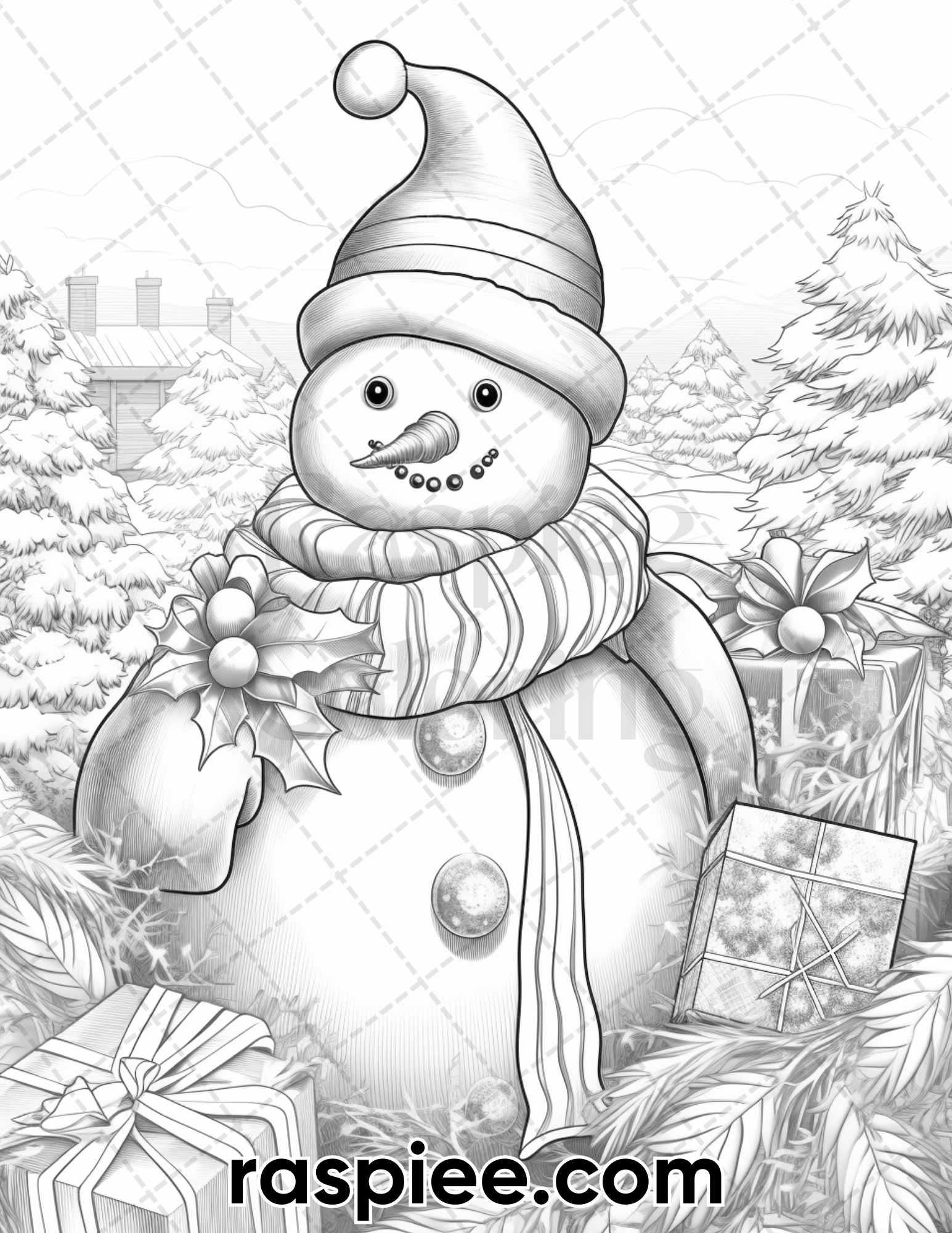 40 Chistmas Snowman Grayscale Coloring Pages for Adults, Printable PDF Instant Download