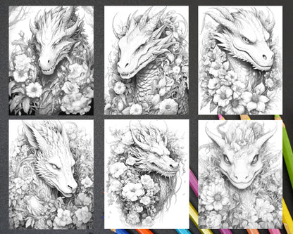 40 Flower Dragon Grayscale Coloring Pages Printable for Adults, PDF File Instant Download