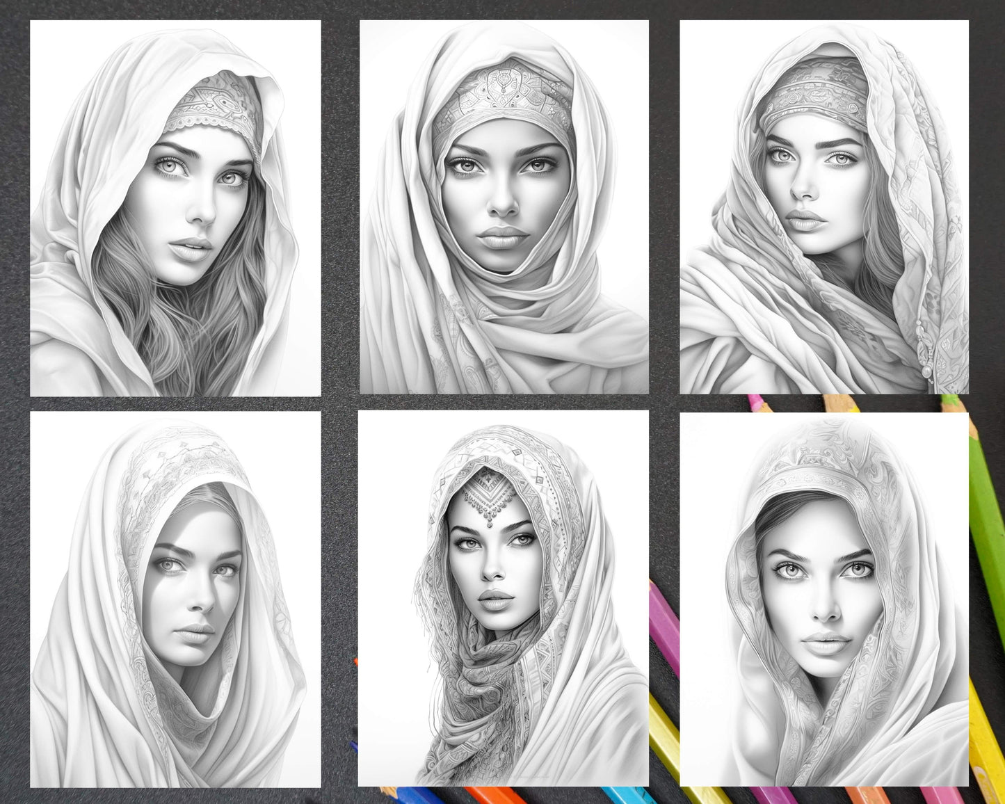 42 Arabian Woman Portrait Gayscale Coloring Pages for Adults, Printable PDF Instant Download