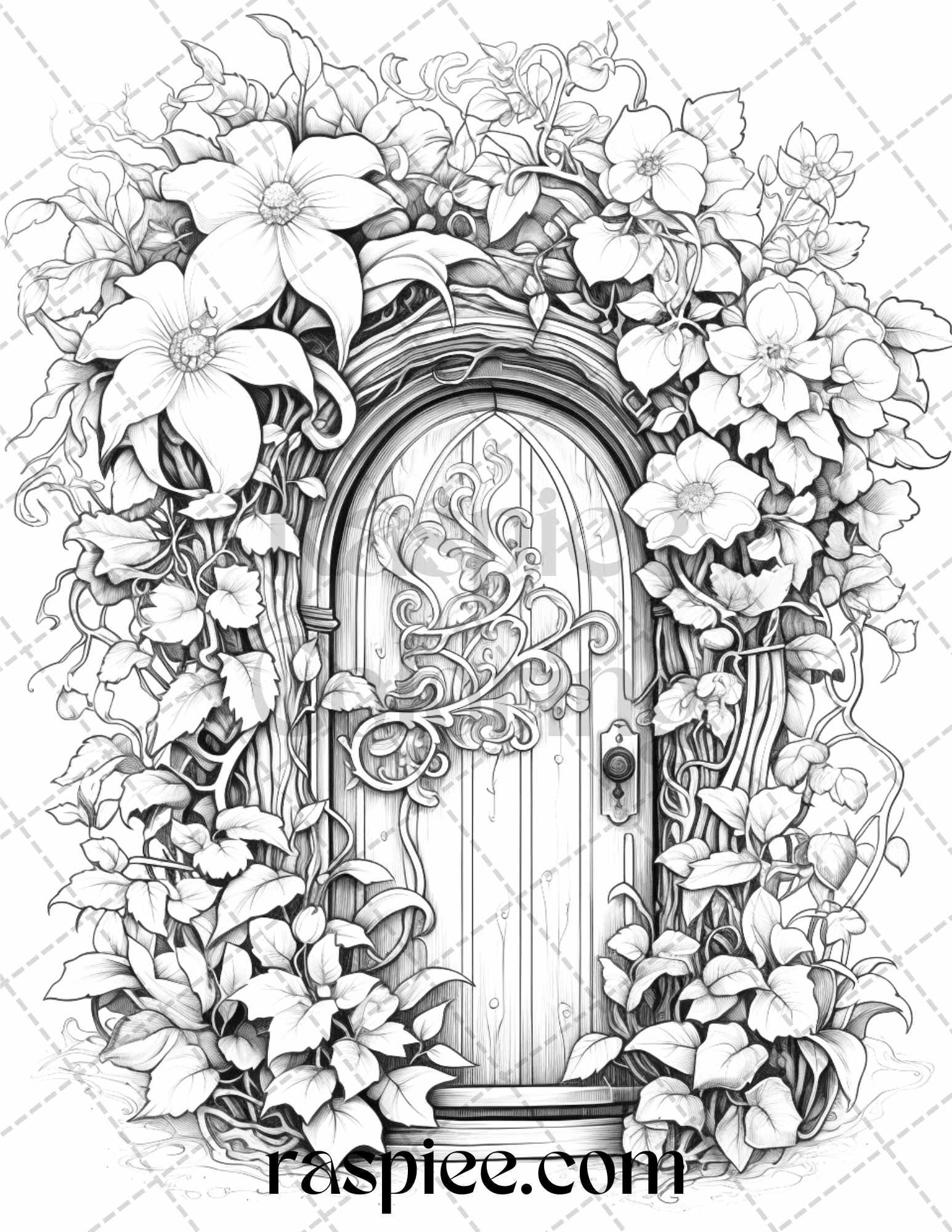 40 Flower Fairy Doors Grayscale Coloring Pages Printable for Adults, PDF File Instant Download