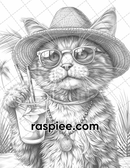 100 Summer Cats Grayscale Adult Coloring Pages, Printable PDF Instant Download