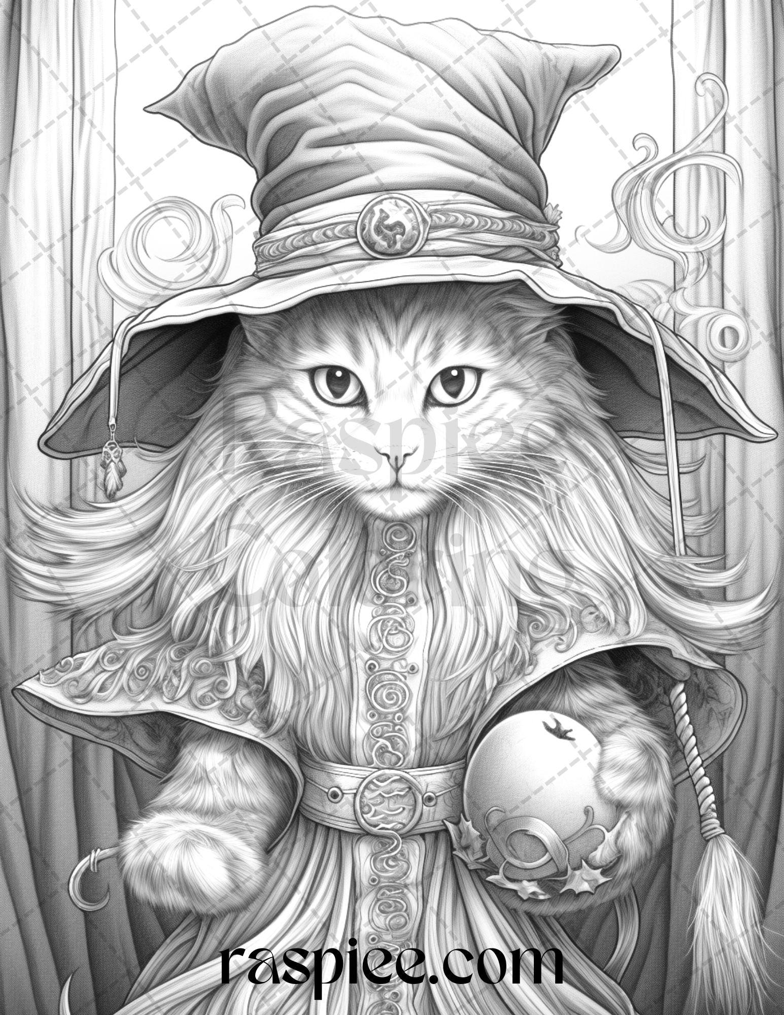 40 Halloween Witch Cat Grayscale Coloring Pages Printable for Adults, PDF File Instant Download