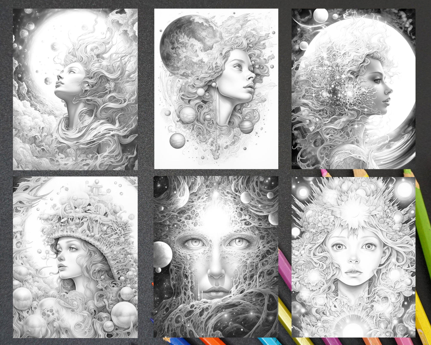 40 Galaxy Queen Sci-Fi & Fantasy Grayscale Coloring Pages for Adults, Printable PDF Instant Download