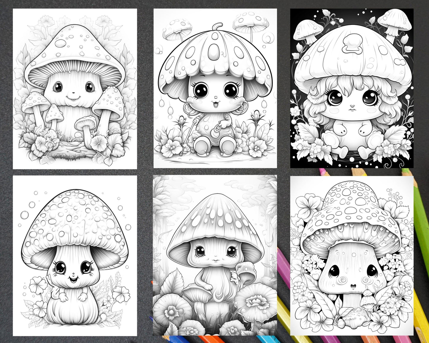 40 Kawaii Mushrooms Grayscale Coloring Pages for Adults, Printable PDF Instant Download