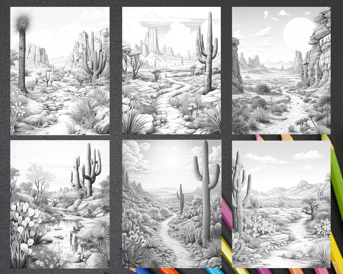 40 Desert Landscapes Grayscale Coloring Pages Printable for Adults, PDF File Instant Download