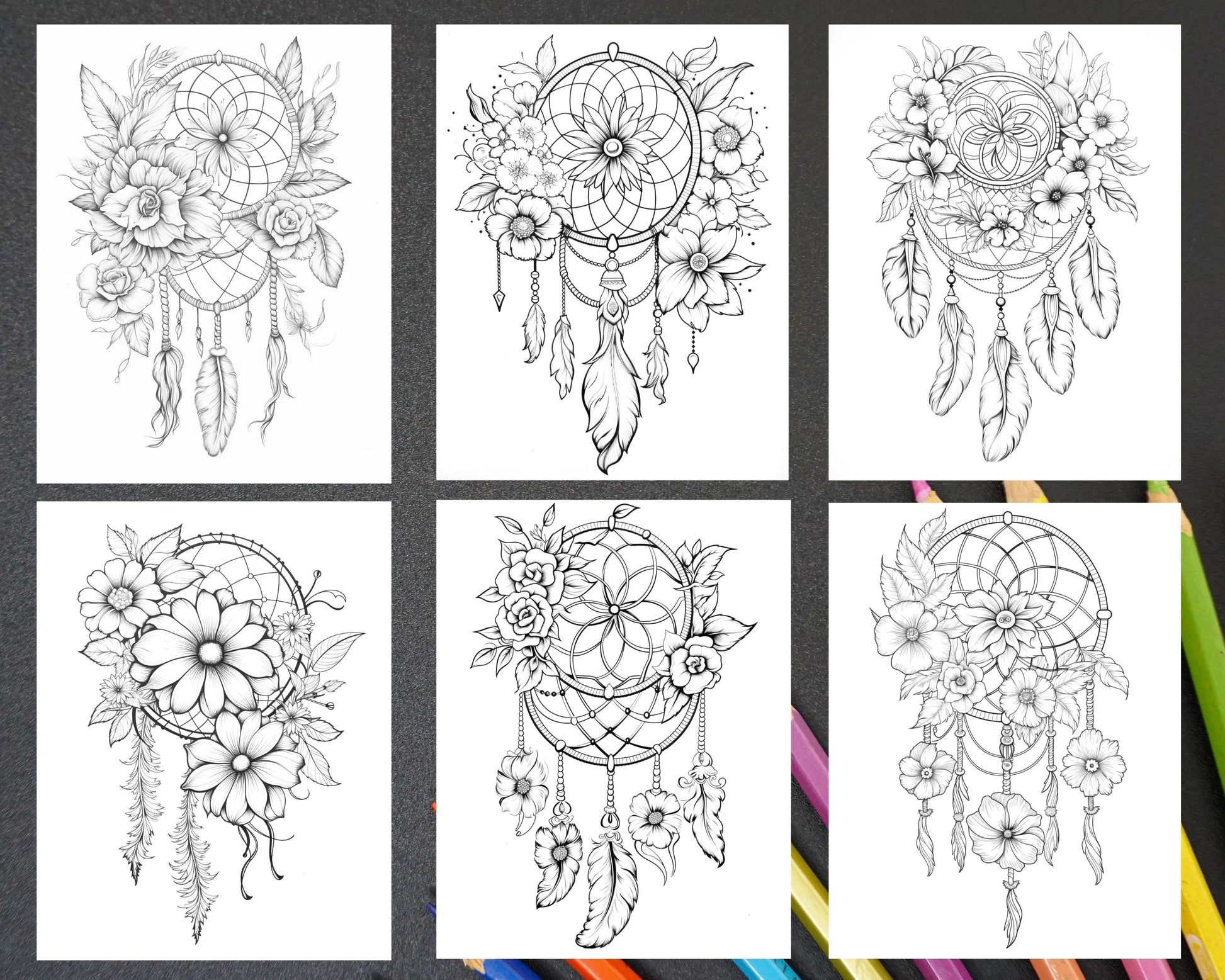 30 Flower Dreamcatcher Grayscale Coloring Pages Printable for Adults, PDF File Instant Download