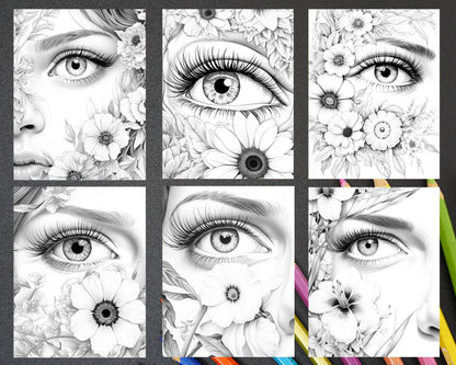 40 Charming Eyes Grayscale Coloring Pages Printable for Adults, PDF File Instant Download