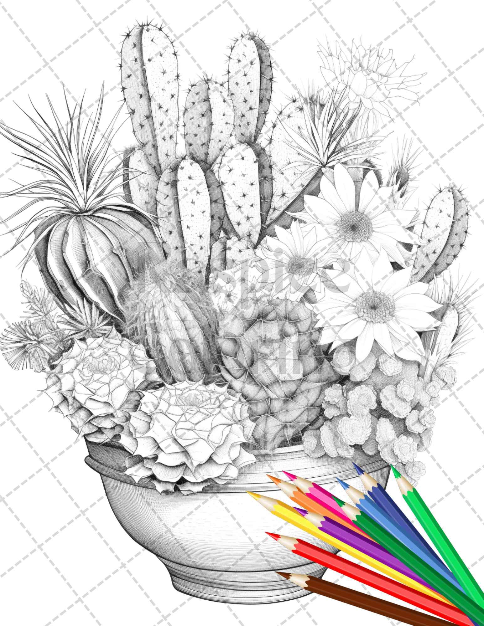 40 Charming Cactus Pots Grayscale Coloring Pages Printable for Adults, PDF File Instant Download