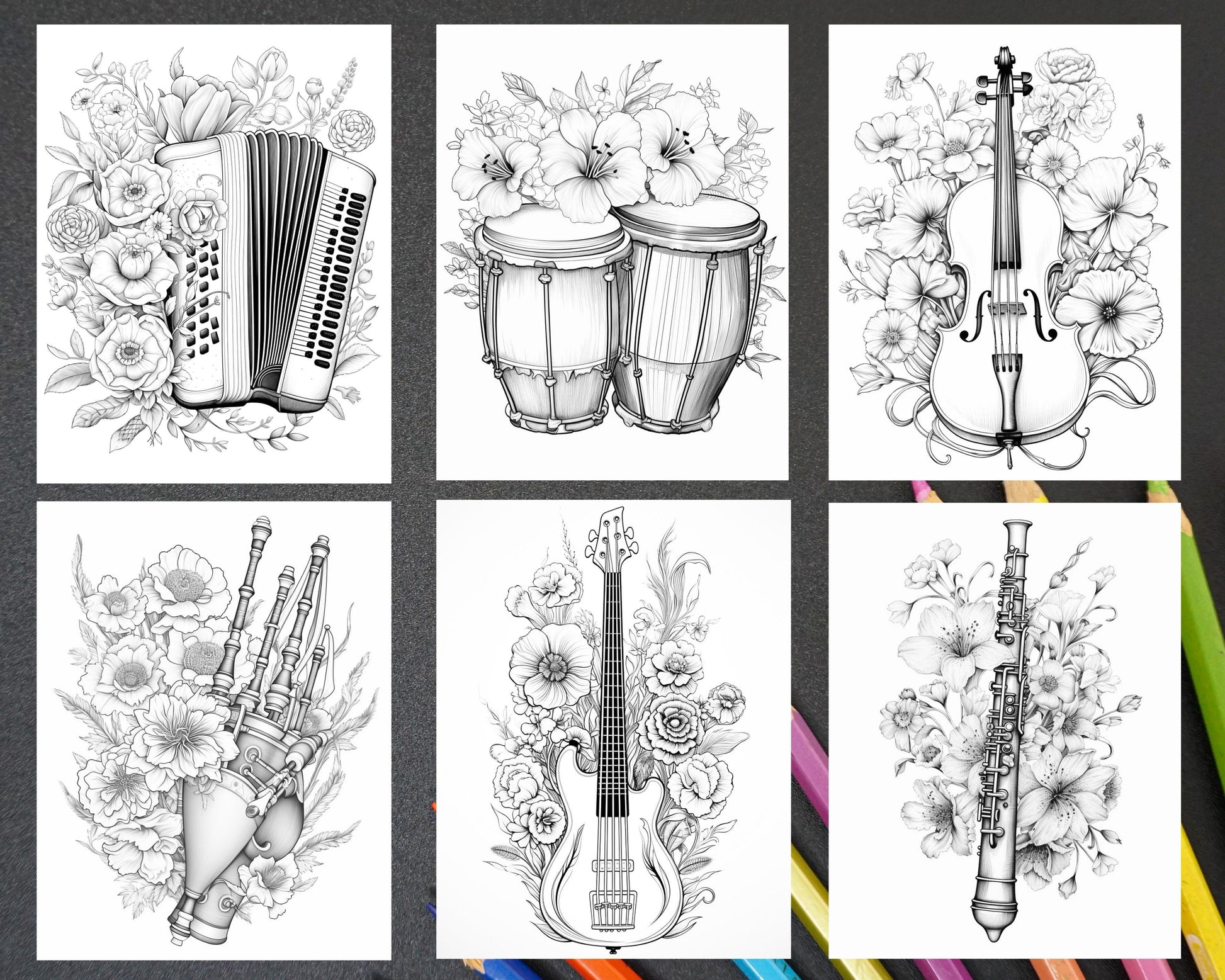 30 Musical Instrument Flower Grayscale Coloring Pages Printable for Adults, PDF File Instant Download