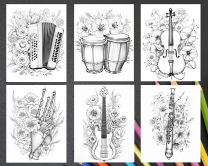 30 Musical Instrument Flower Grayscale Coloring Pages Printable for Adults, PDF File Instant Download