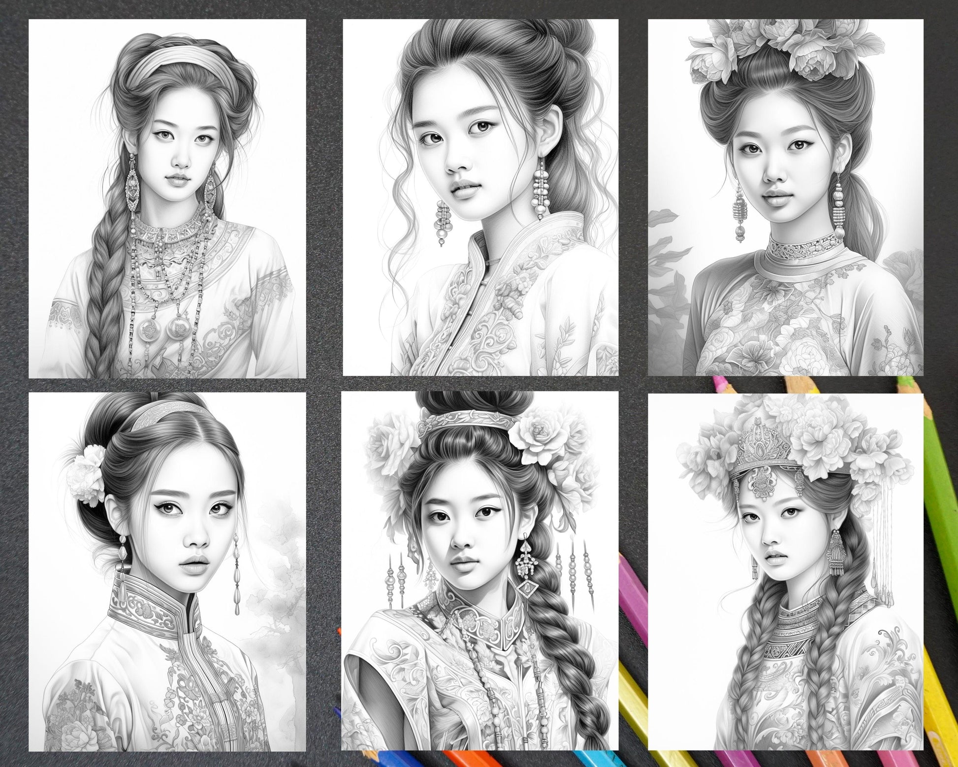 40 Beautiful Chinese Girls Grayscale Coloring Pages for Adults, Printable PDF File Instant Download