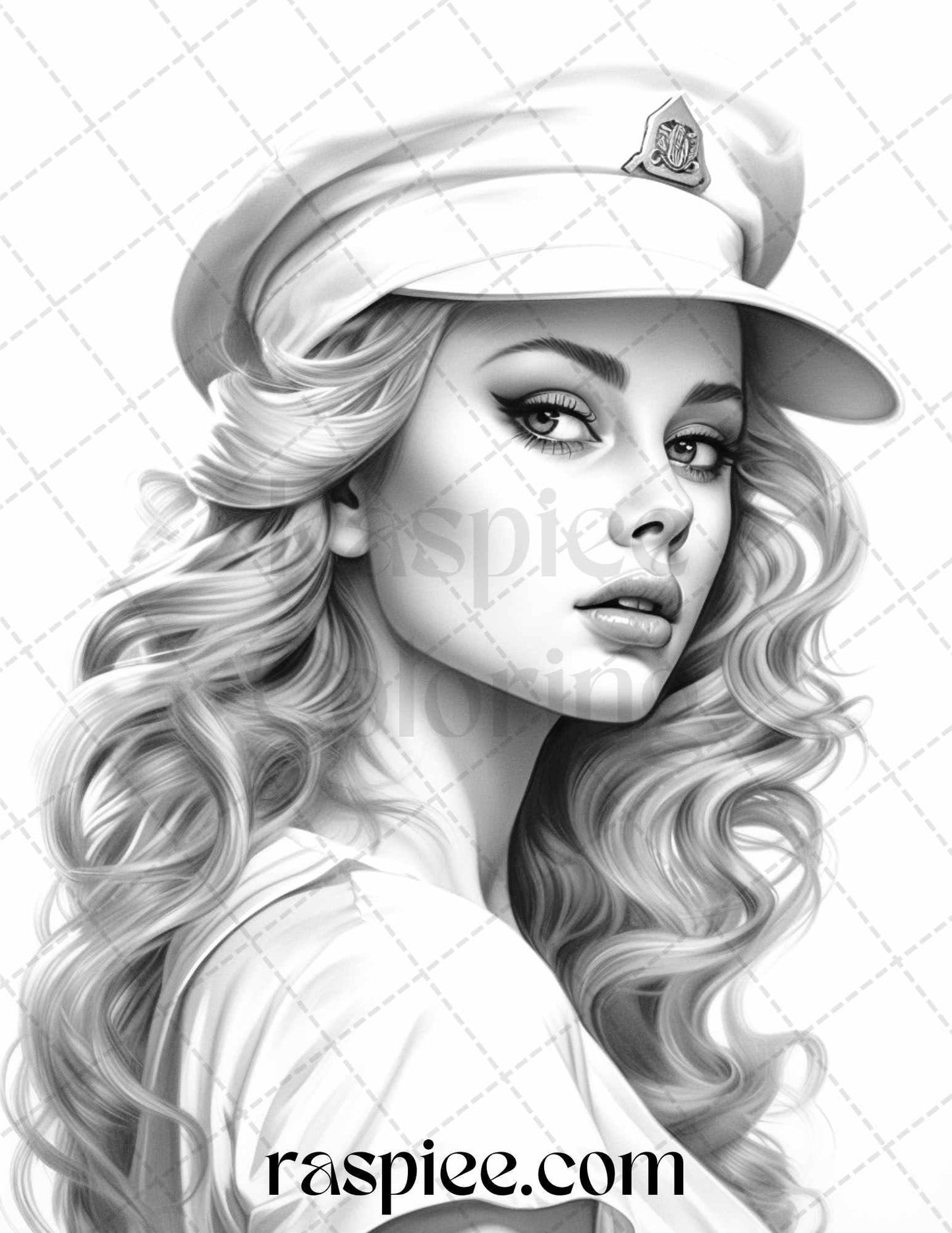 40 Sailor Pin Up Girls Grayscale Coloring Pages Printable for Adults, PDF File Instant Download