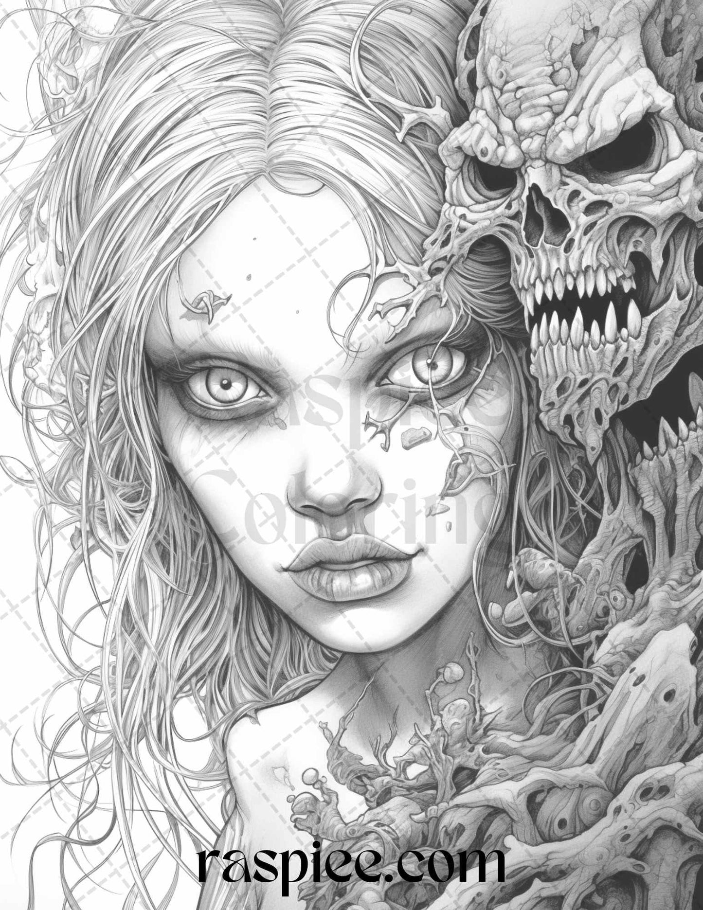 40 Scary Zombie Girls Grayscale Coloring Pages Printable for Adults, PDF File Instant Download