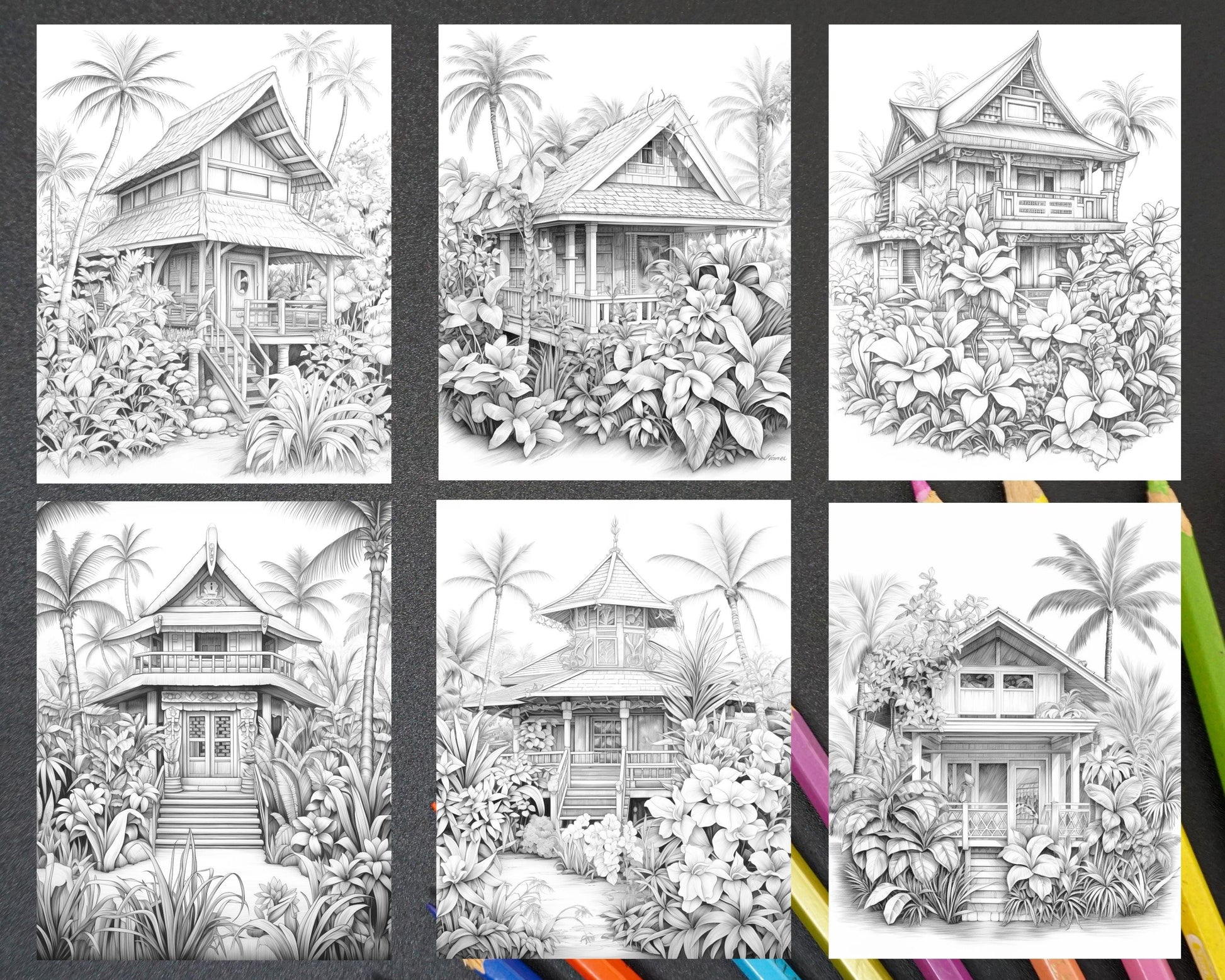 40 Hawaii Tiki Houses Grayscale Coloring Pages Printable for Adults, PDF File Instant Download