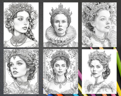 100 Elizabethan British Royal Portraits Grayscale Adult Coloring Pages, Printable PDF Instant Download