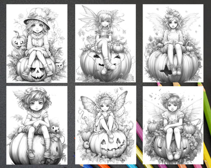 40 Pumpkin Fairy Girls Grayscale Coloring Pages Printable for Adults, PDF File Instant Download