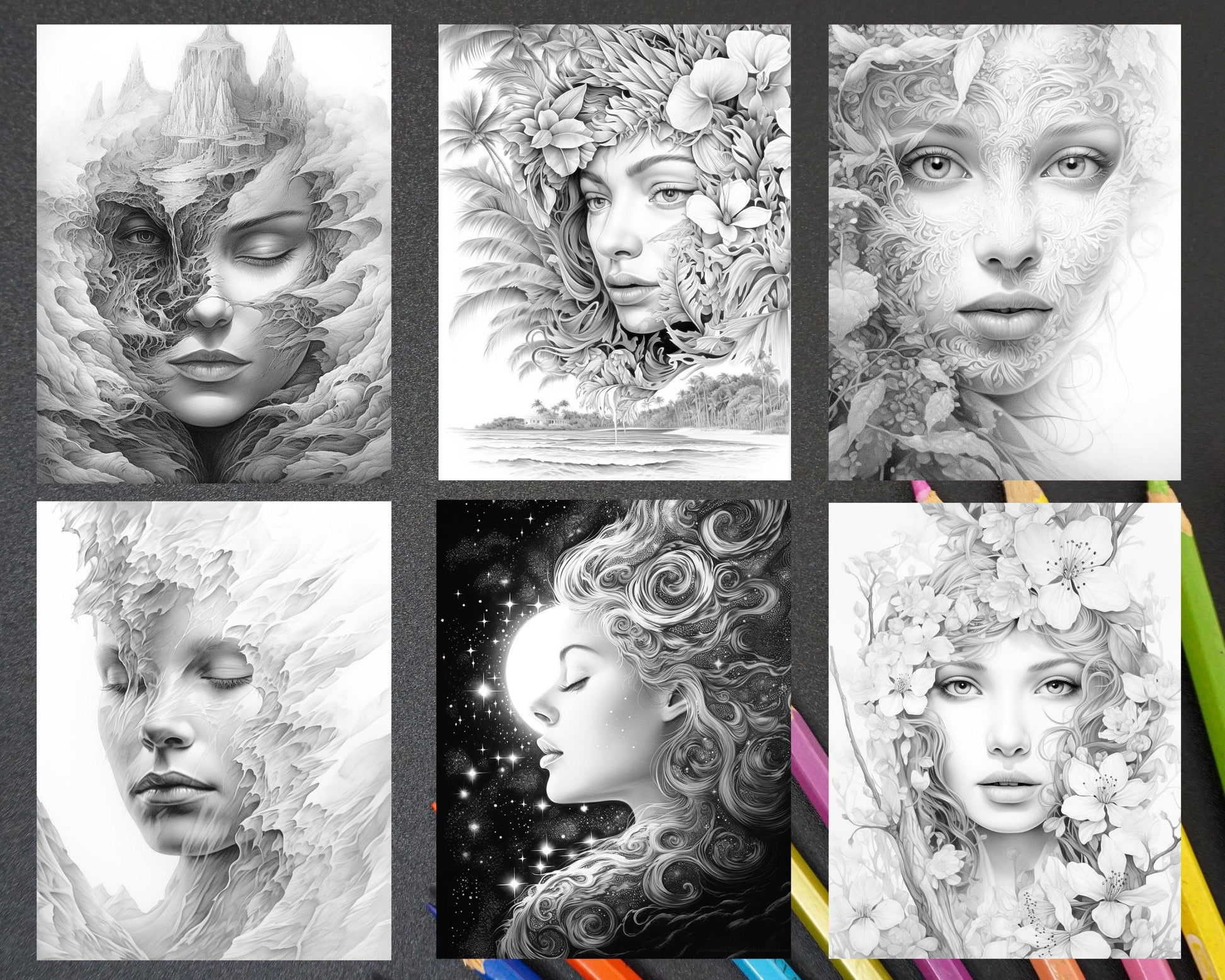 60 Nature Fusion Portrait Grayscale Adult Coloring Pages, Printable PDF Instant Download