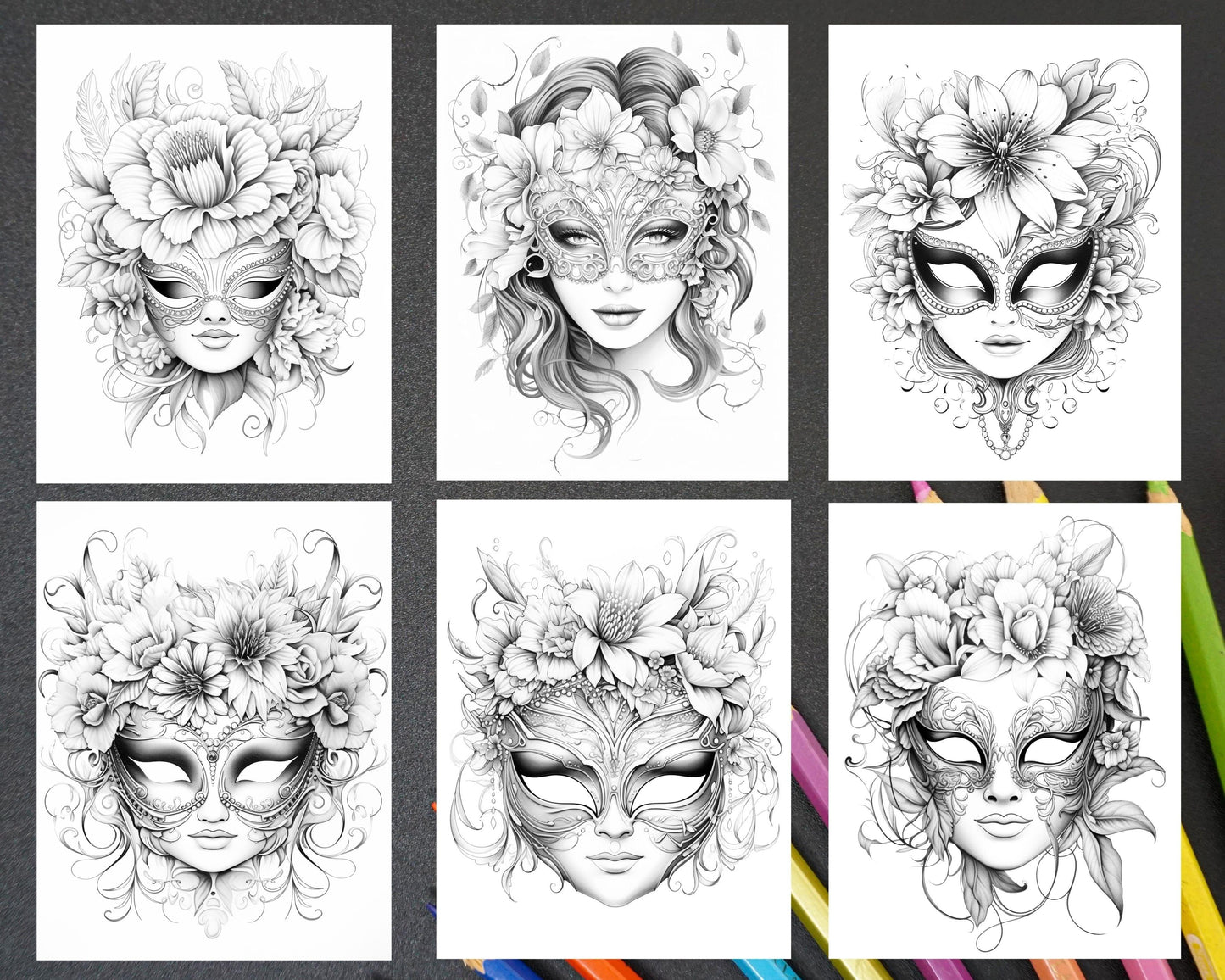 40 Masquerade Masks Grayscale Coloring Pages Printable for Adults, PDF File Instant Download