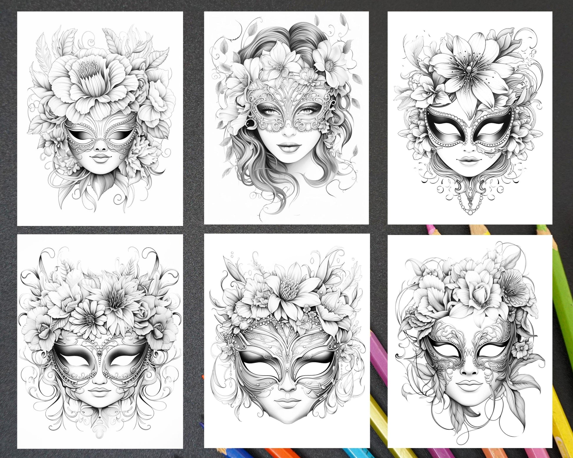 40 Masquerade Masks Grayscale Coloring Pages Printable for Adults, PDF File Instant Download