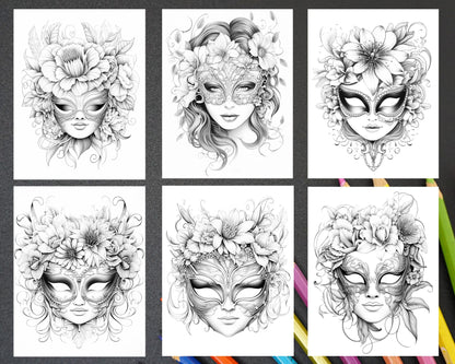 40 Masquerade Masks Grayscale Coloring Pages Printable for Adults, PDF File Instant Download