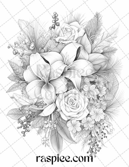 45 Christmas Flowers Grayscale Coloring Pages Printable for Adults, PDF File Instant Download