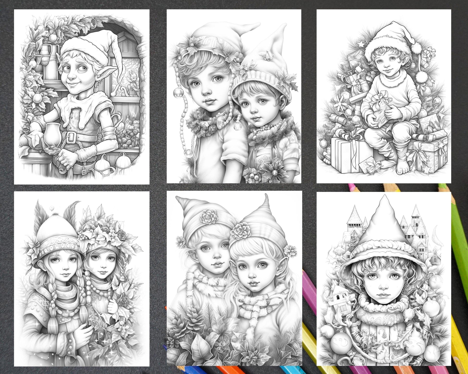 110 Christmas Elves Grayscale Coloring Pages Printable for Adults Kids, PDF File Instant Download