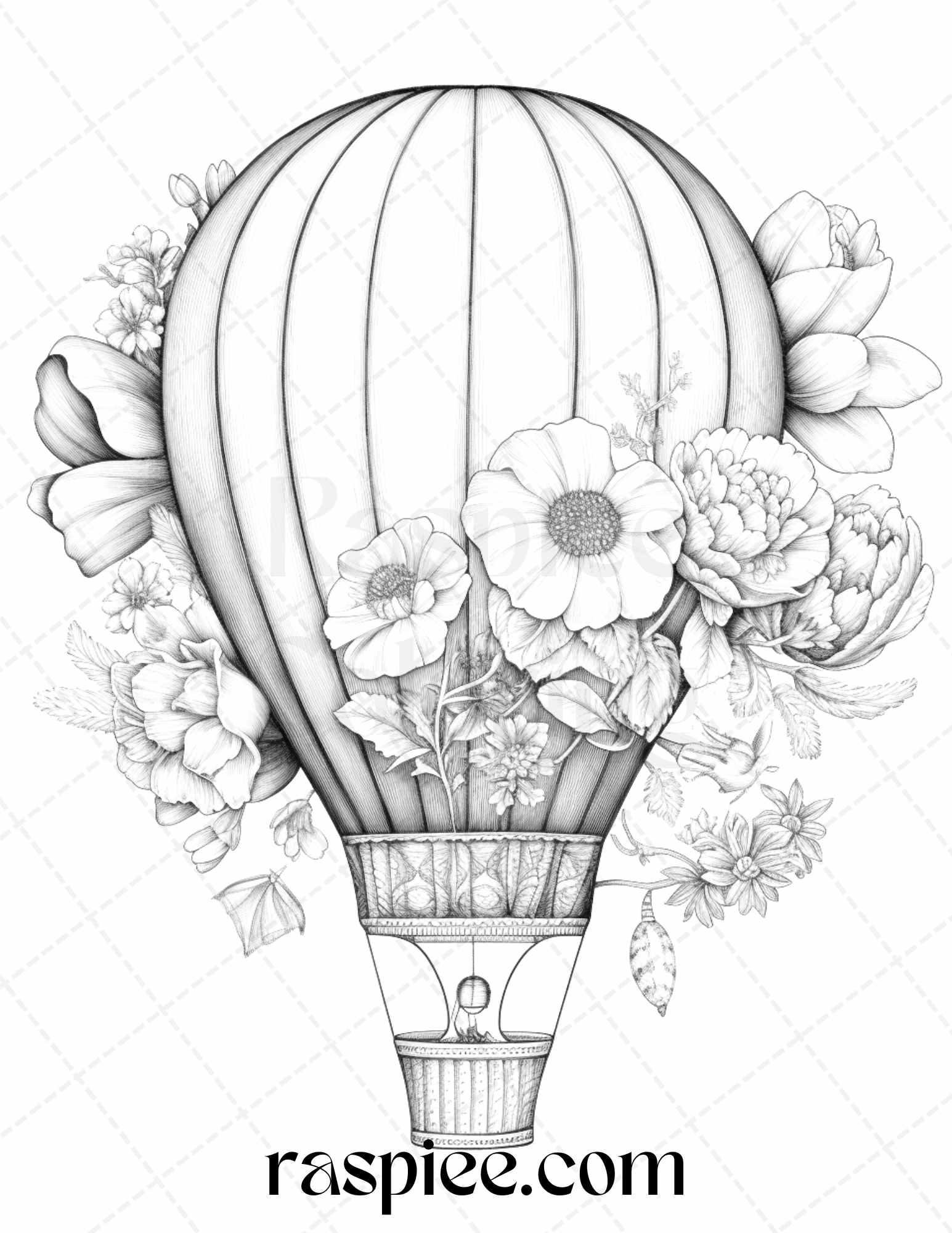 42 Flower Hot Air Balloons Grayscale Coloring Pages Printable for Adults, PDF File Instant Download