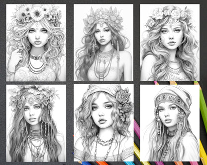 43 Beautiful Hippie Girls Grayscale Coloring Pages Printable for Adults, PDF File Instant Download