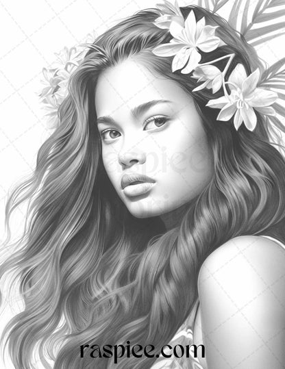 40 Hawaiian Girls Grayscale Coloring Pages Printable for Adults, PDF File Instant Download