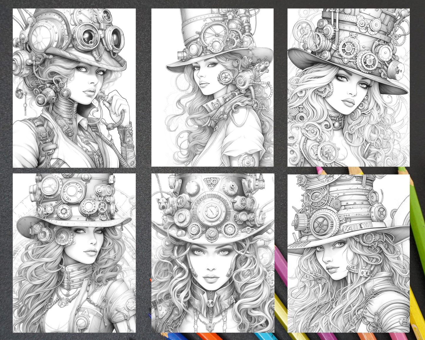 40 Steampunk Ladies Grayscale Coloring Pages Printable for Adults, PDF File Instant Download