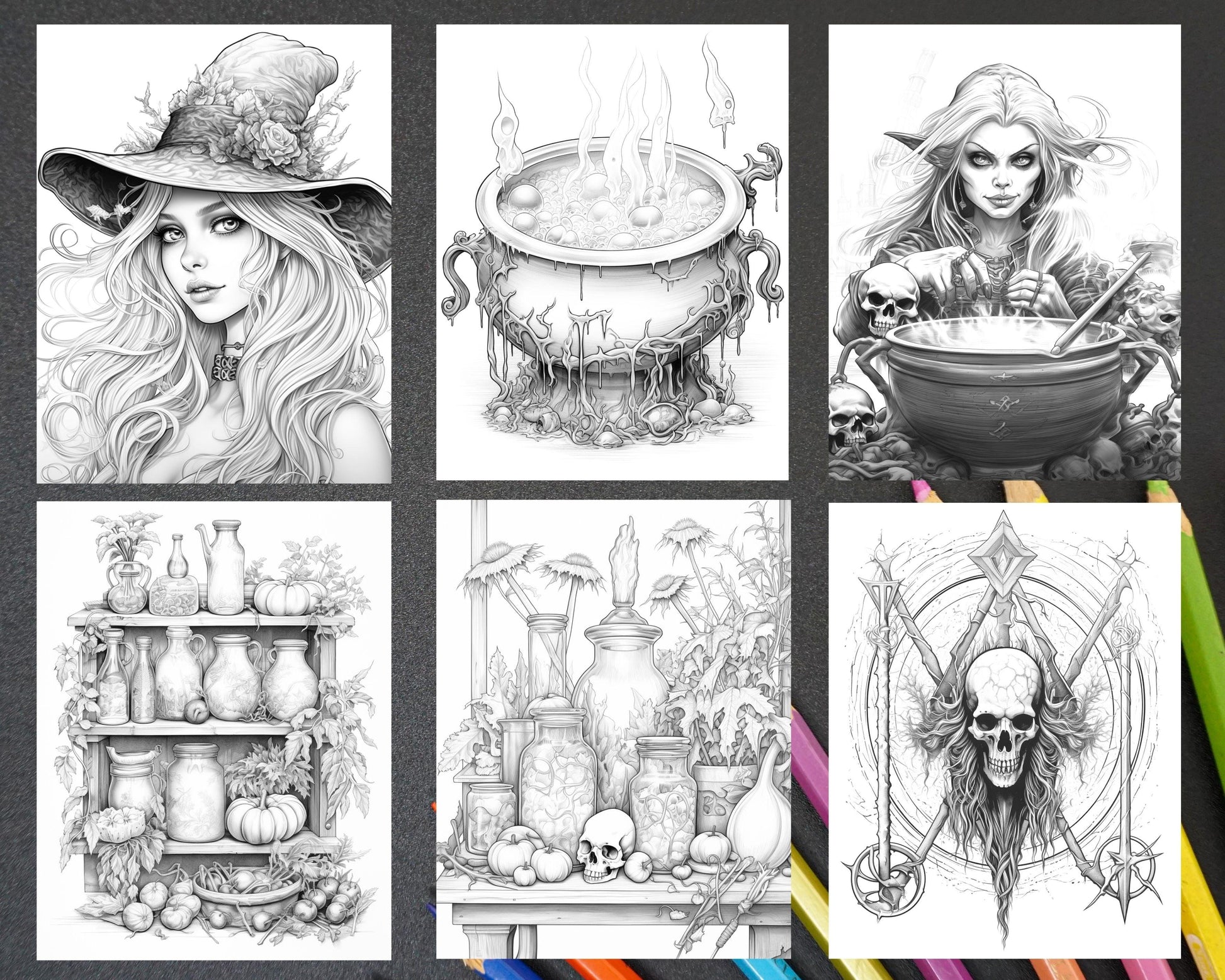 40 Witchy Wonders Grayscale Coloring Pages Printable for Adults, PDF File Instant Download