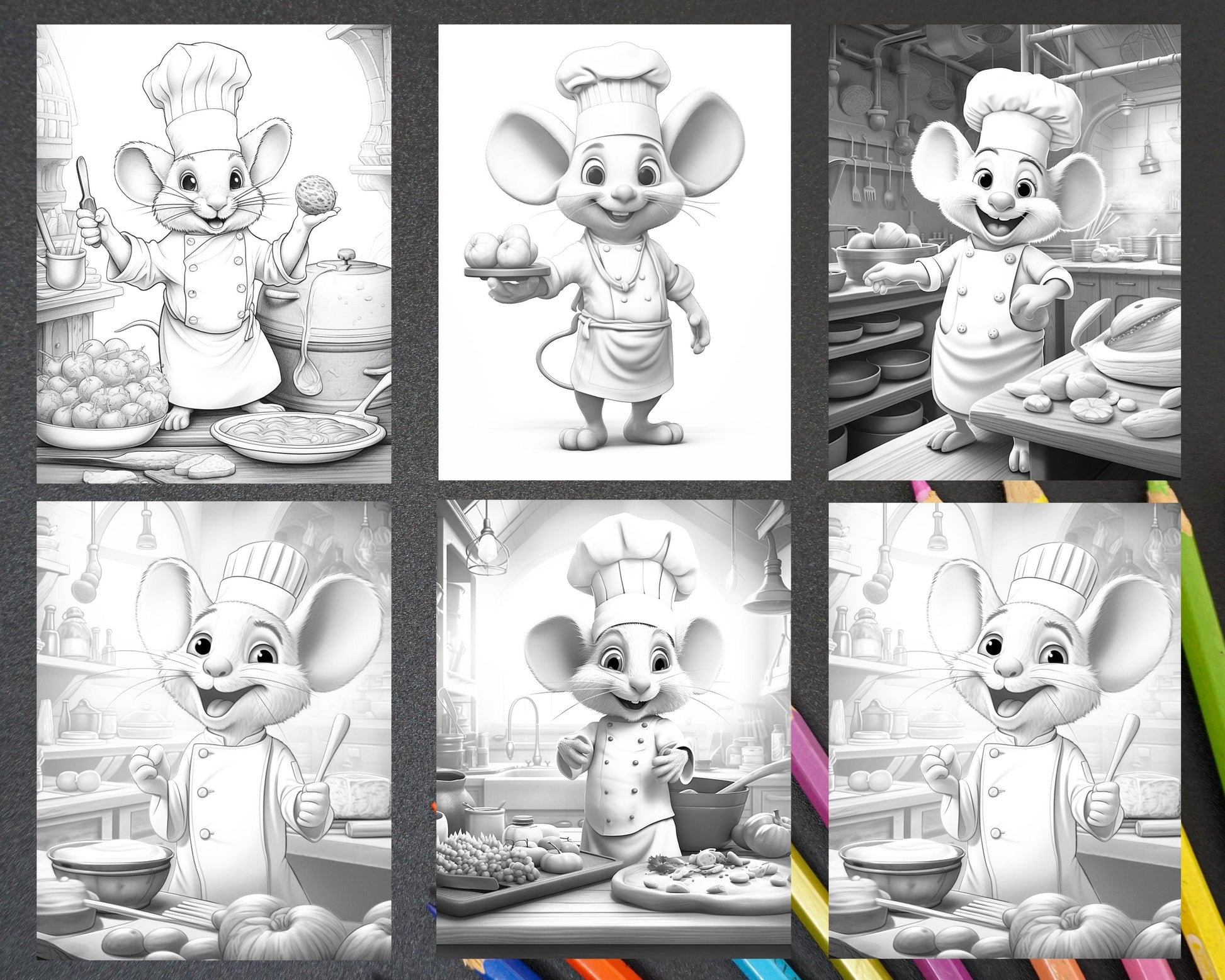 45 Mouse Chef Grayscale Coloring Pages Printable for Adults, PDF File Instant Download