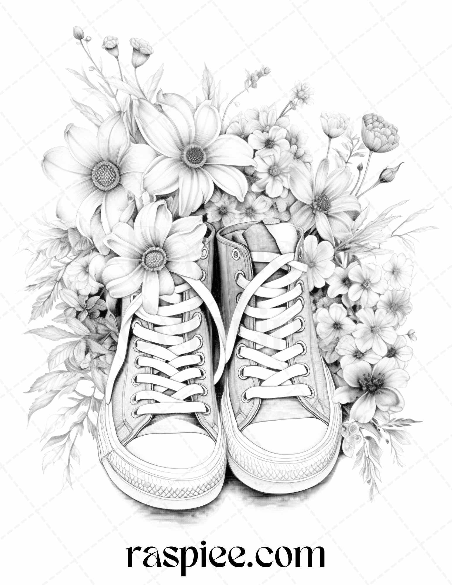 40 Flower Sneakers Grayscale Coloring Pages Printable for Adults, PDF File Instant Download