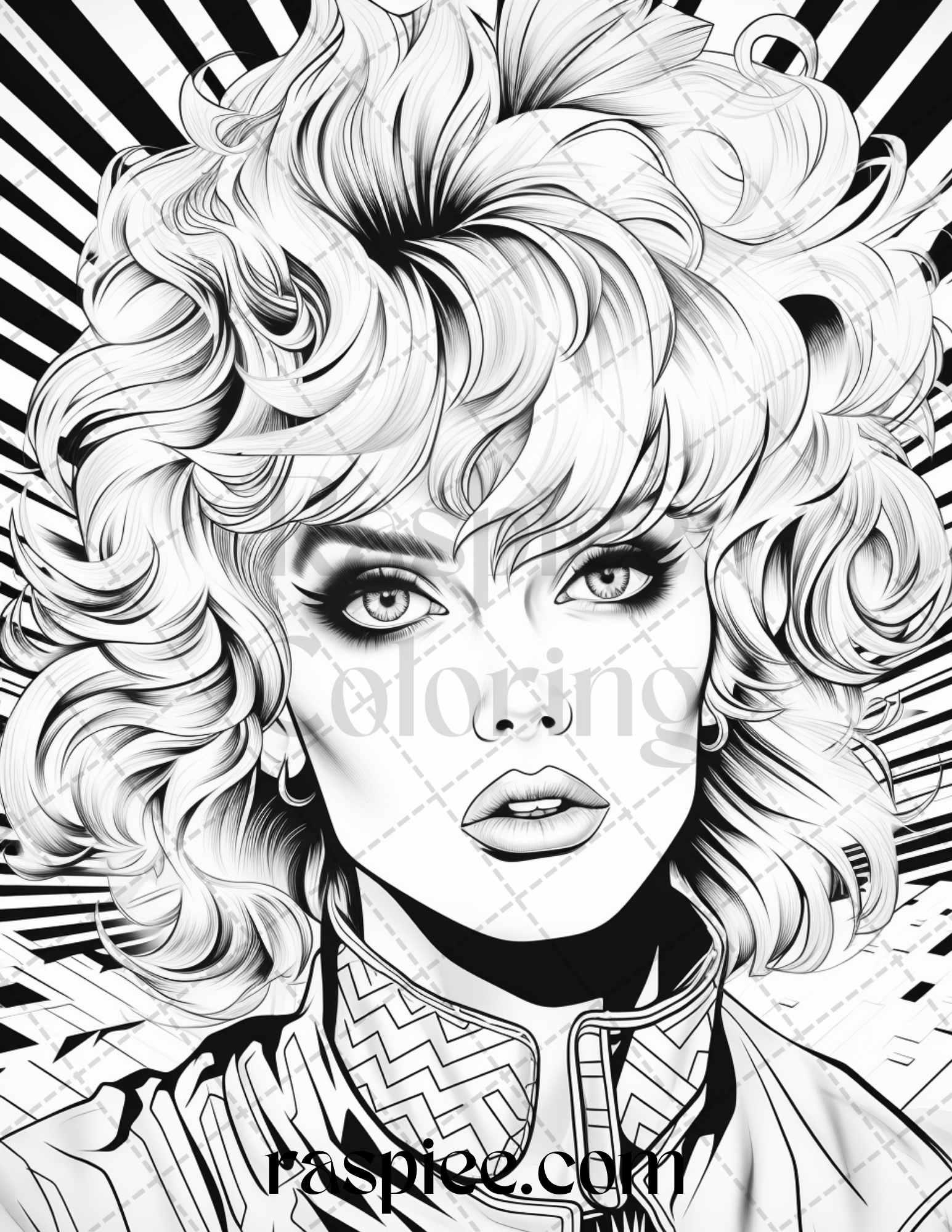 1980s New Wave Pop Star Grayscale Coloring Pages Printable for Adults, PDF File Instant Download