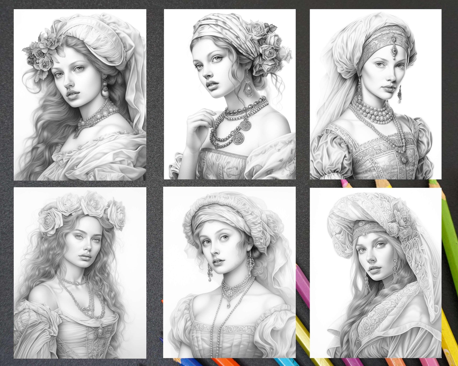 65 Renaissance Beauties Grayscale Coloring Pages for Adults, Printable PDF Instant Download