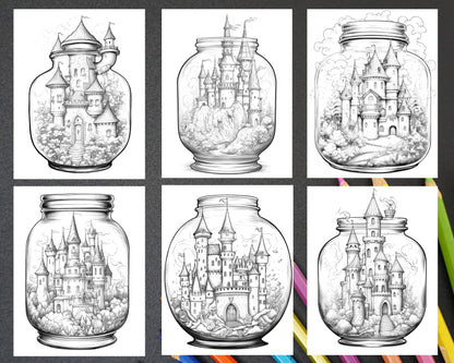 42 Fantasy Castle In Jar Grayscale Coloring Pages Printable for Adults, PDF File Instant Download