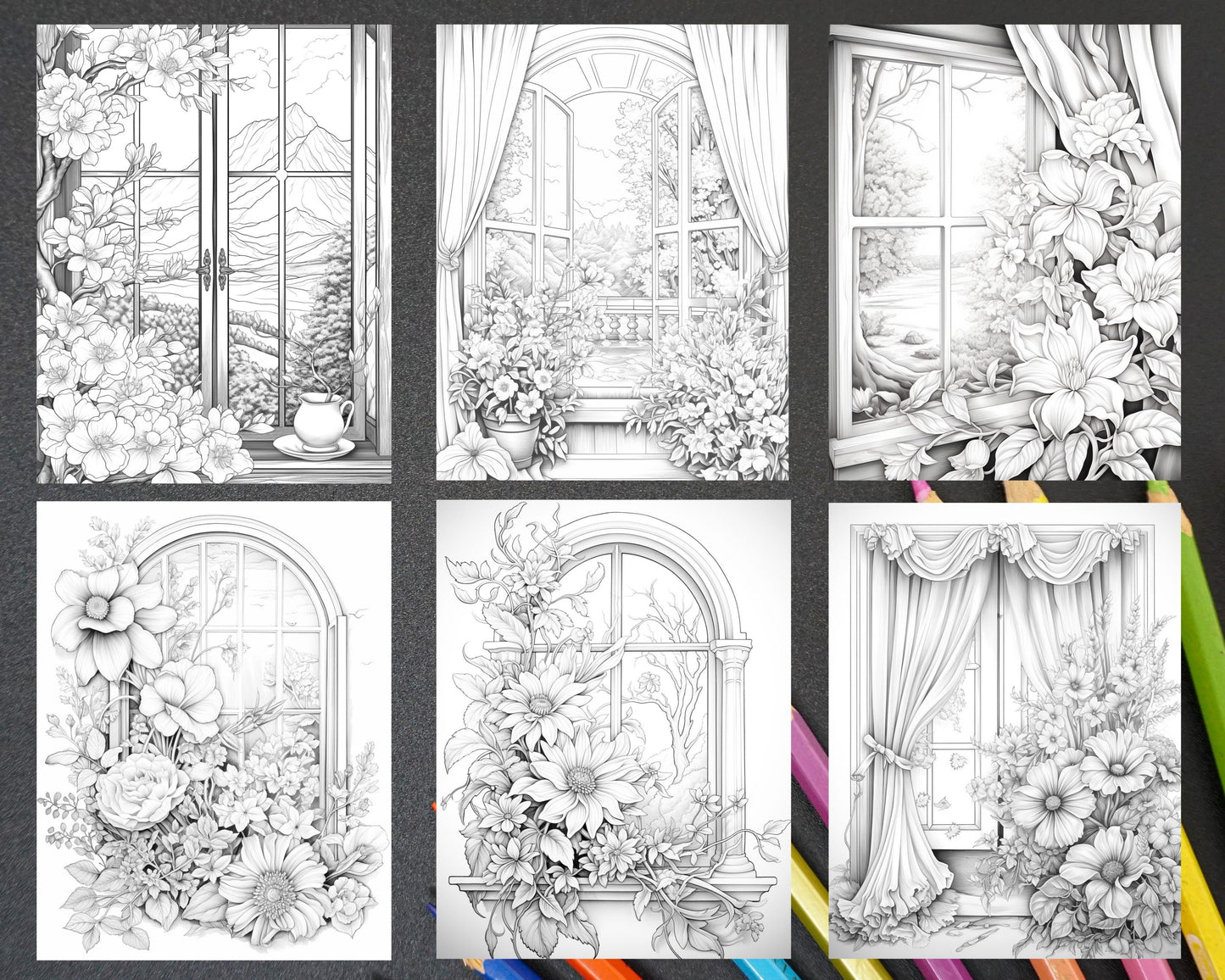 50 Blooming Windows Grayscale Coloring Pages Printable for Adults, PDF File Instant Download