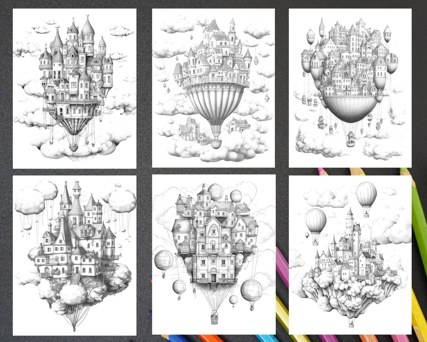 40 Fantasy Sky Houses Grayscale Coloring Pages Printable for Adults, PDF File Instant Download