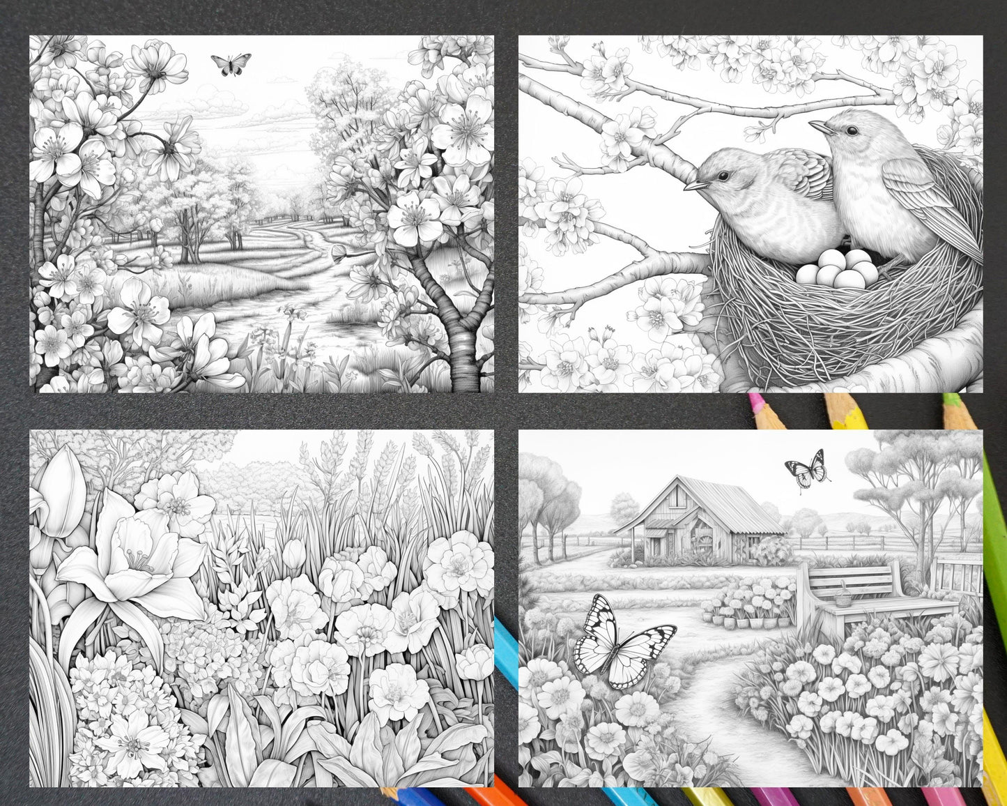 40 Spring Farm Life Grayscale Adult Coloring Pages, Printable PDF Instant Download