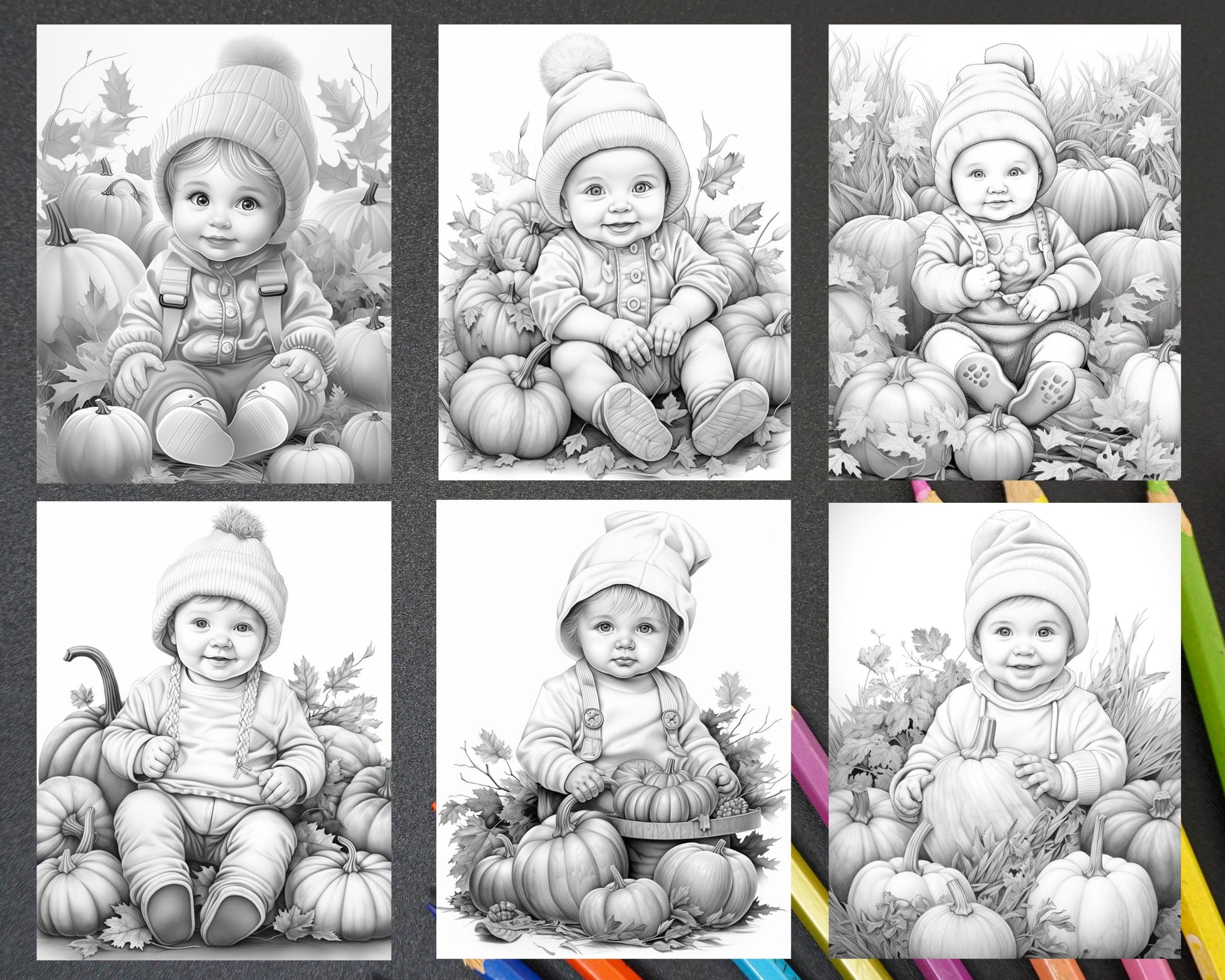 40 Pumpkin Babies Grayscale Coloring Pages for Adults and Kids, Printable PDF File Instant Download