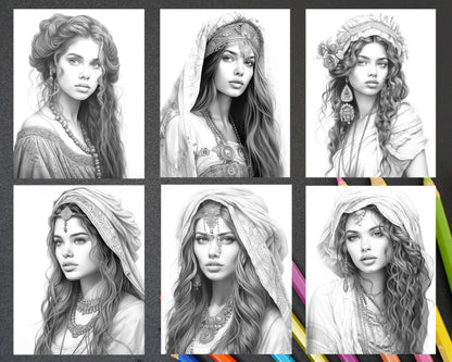 40 Beautiful Gypsy Girls Grayscale Coloring Pages Printable for Adults, PDF File Instant Download