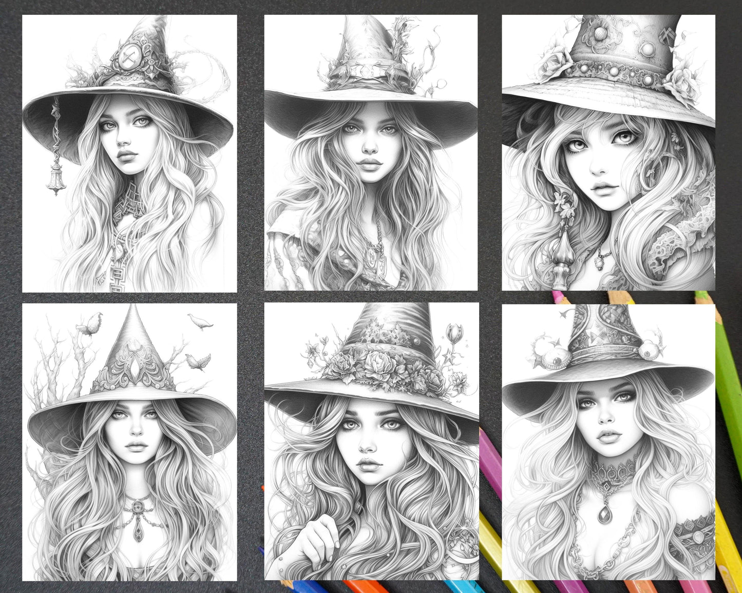 40 Beautiful Witches Grayscale Coloring Pages Printable for Adults, PDF File Instant Download