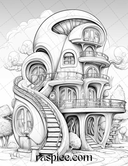 43 Futuristic Houses Grayscale Coloring Pages Printable for Adults, PDF File Instant Download