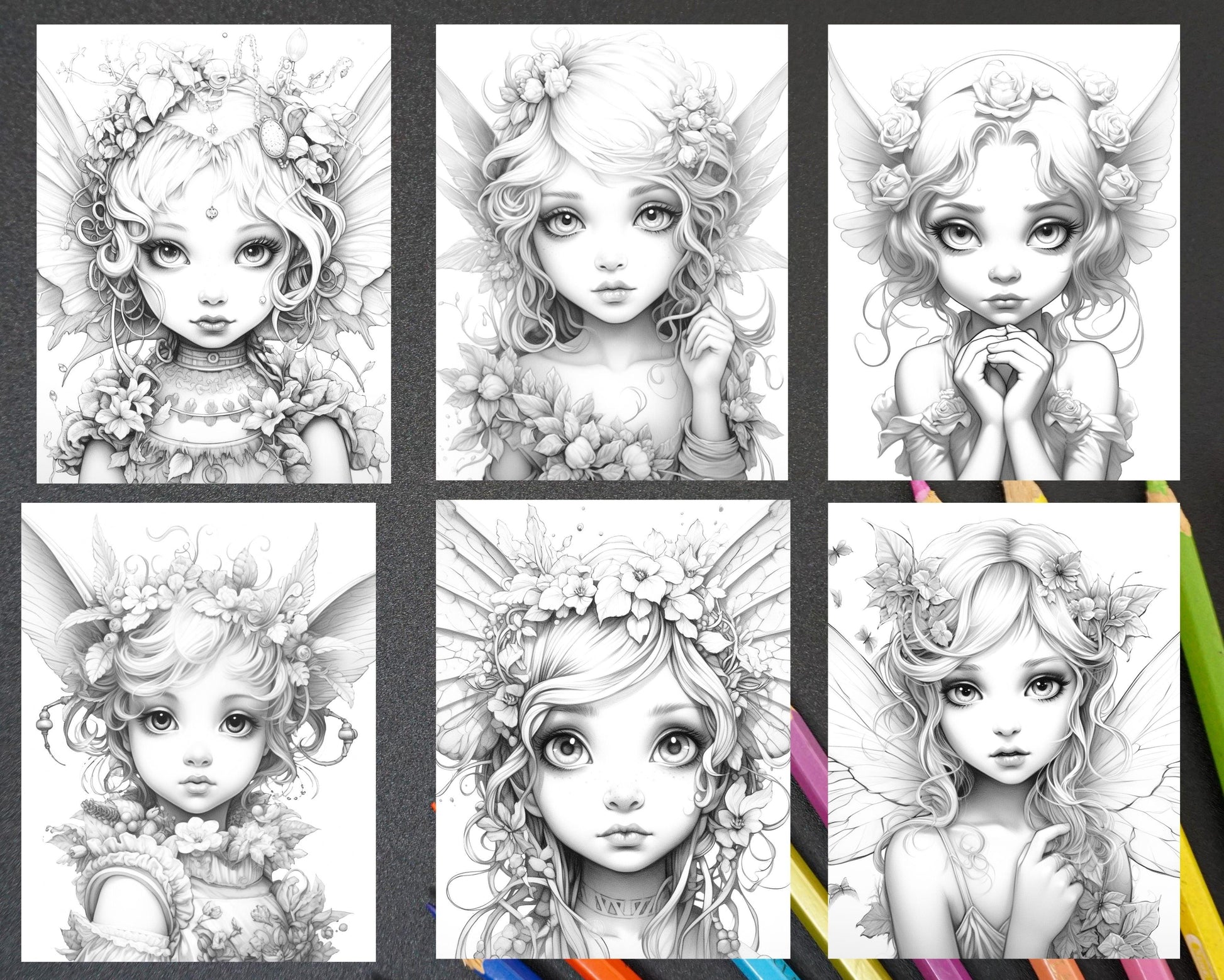 45 Adorable Chibi Fairy Grayscale Coloring Pages Printable for Adults, PDF File Instant Download