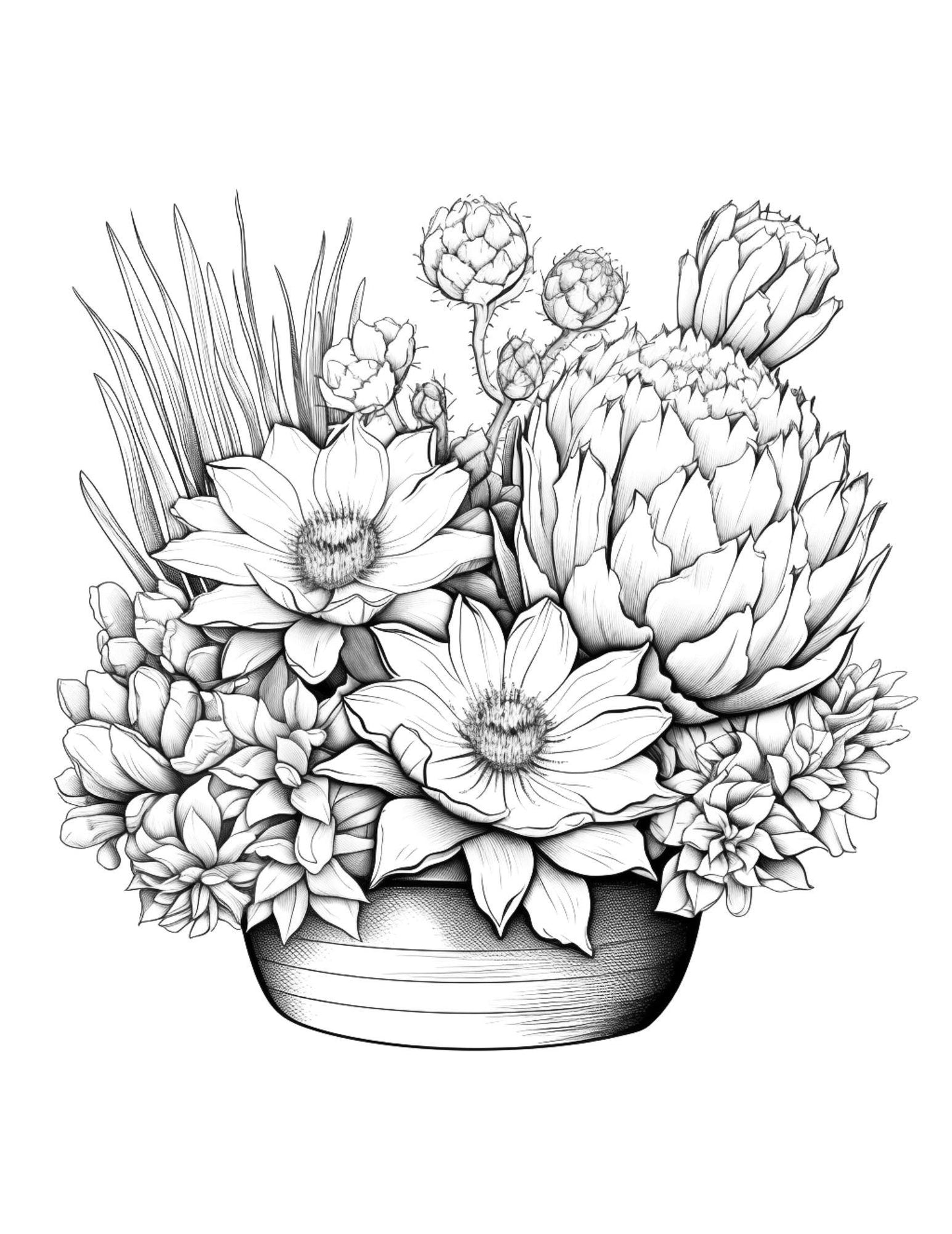 4 Free Printable Cactus Pots Coloring Pages for Adults, Grayscale Coloring Pages, PDF File Instant Download