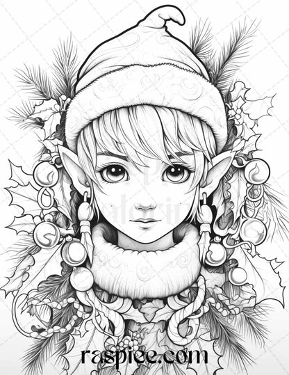 110 Christmas Elves Grayscale Coloring Pages Printable for Adults Kids, PDF File Instant Download