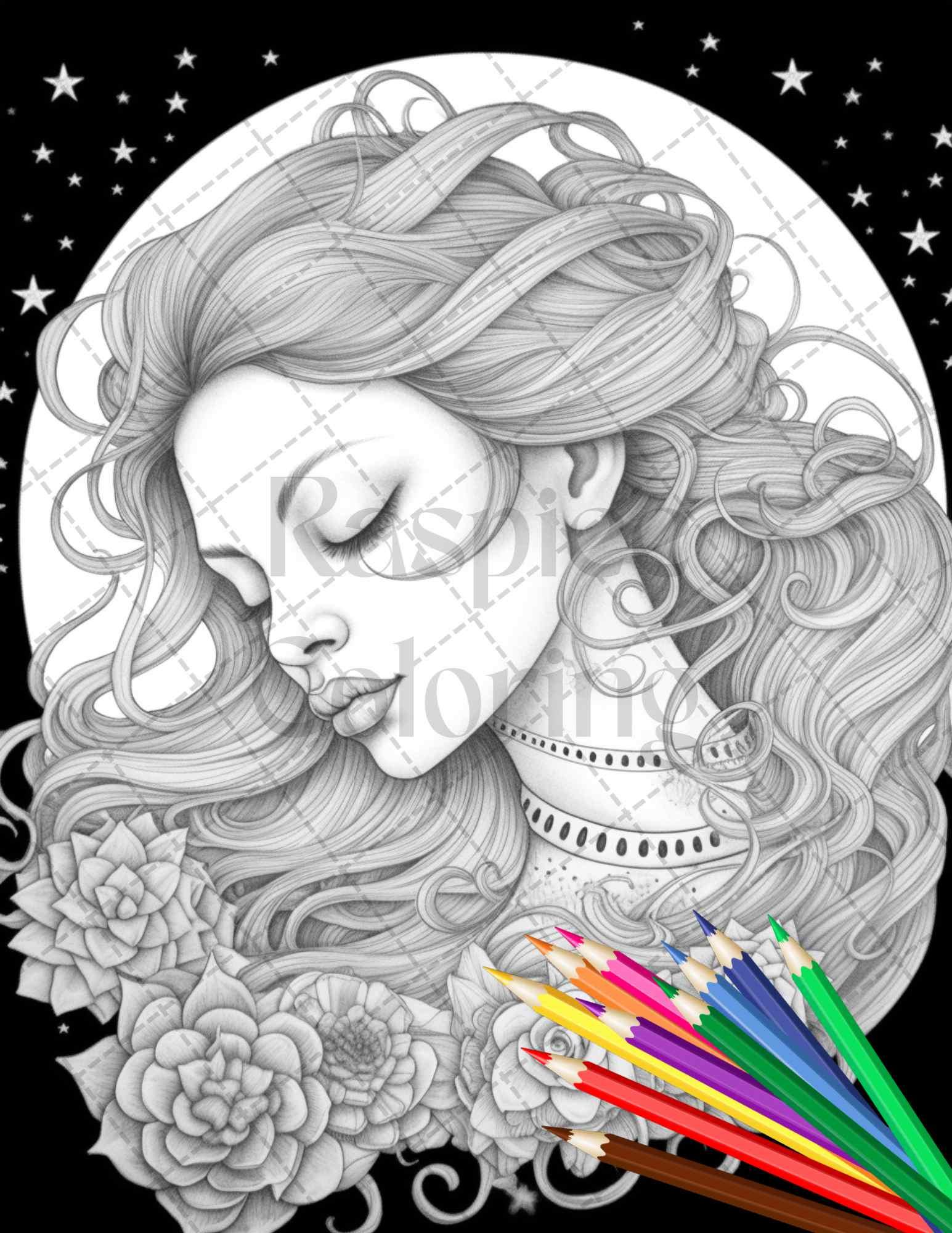 34 Beautiful Moon Fairies Grayscale Coloring Pages Printable for Adults, PDF File Instant Download